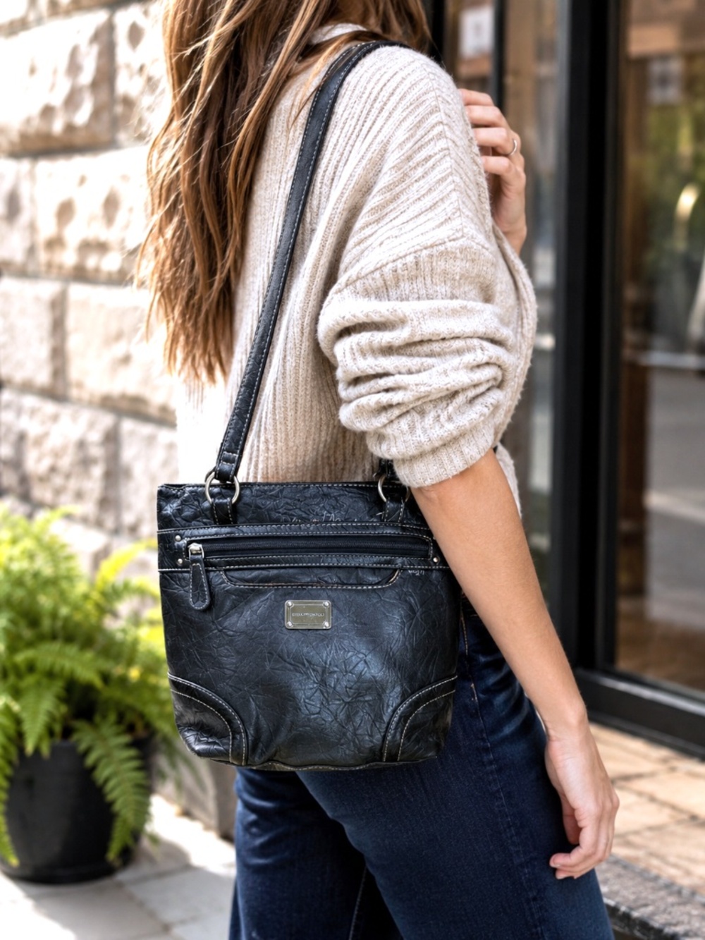 Stone & Company Classic Black Shoulder Tote Bag with Front Zip Pocket